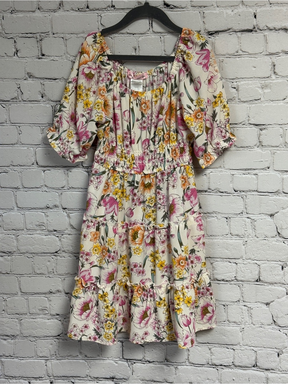 Love Squared Cream Floral Tiered Dress with Pink & Yellow Blooms